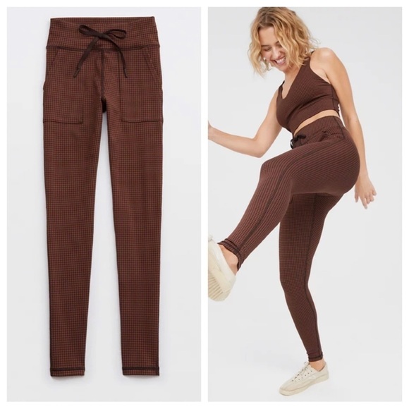 OFFLINE by‎ AERIE Mini Brown and Black Houndstooth Drawchord Leggings Size XS - Picture 1 of 12